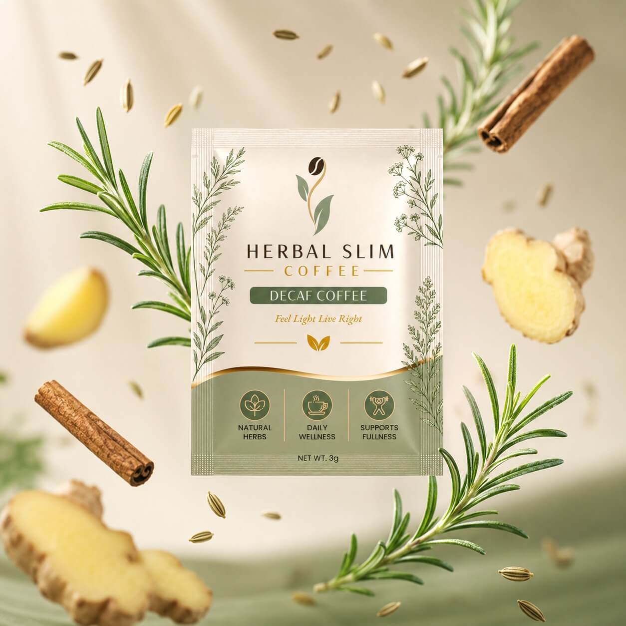 Premium Herbal Slim Coffee Decaffeinated box and sachets